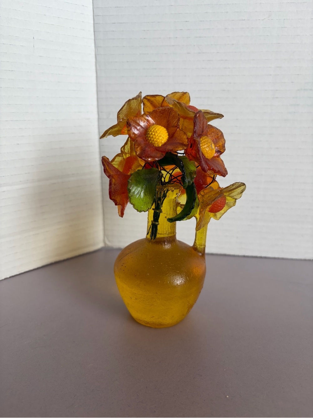 Vintage Lucite Flower Sculpture • Amber Jug Vase